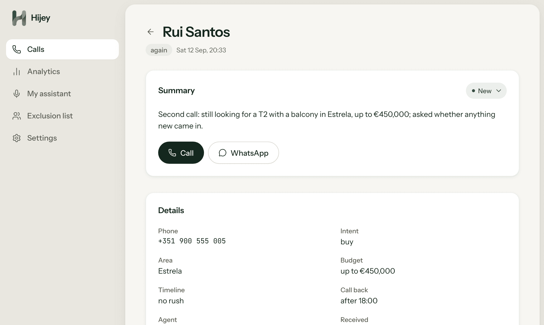 Rui Santos's lead on the desktop dashboard: a summary of what he is looking for, Call and WhatsApp buttons, and the captured details.