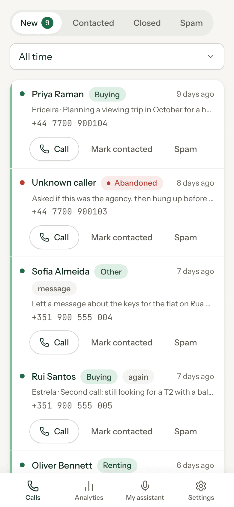 The Calls list on a phone: recent callers, each with a one-line summary of what they wanted and a button to call them back.